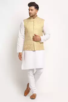 New Designer Men Light Golden Brocade Nehru Jacket With Golden Work By Treemoda
