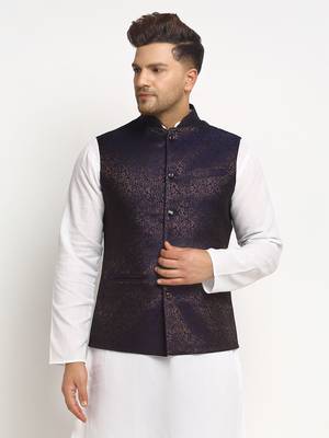 New Designer Men Navy Blue Brocade Nehru Jacket With Golden Work 1