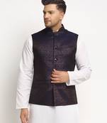 New Designer Men Navy Blue Brocade Nehru Jacket With Golden Work