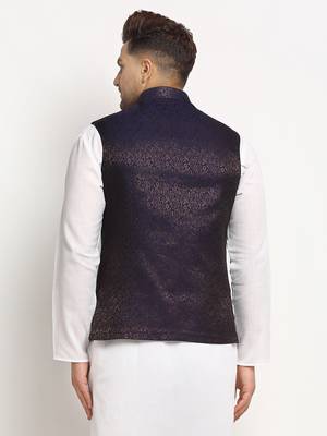 New Designer Men Navy Blue Brocade Nehru Jacket With Golden Work 2