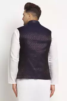 New Designer Men Navy Blue Brocade Nehru Jacket With Golden Work
