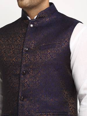 New Designer Men Navy Blue Brocade Nehru Jacket With Golden Work 3