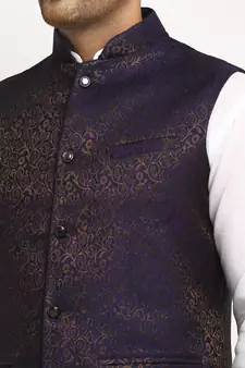 New Designer Men Navy Blue Brocade Nehru Jacket With Golden Work