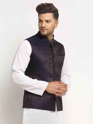 New Designer Men Navy Blue Brocade Nehru Jacket With Golden Work 4