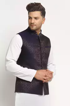 New Designer Men Navy Blue Brocade Nehru Jacket With Golden Work