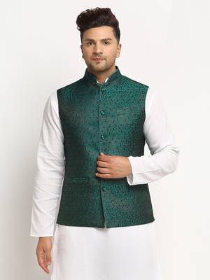 Green Brocade Printed Nehru Jacket 1