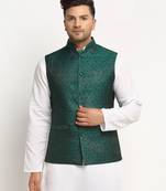 Green Brocade Printed Nehru Jacket