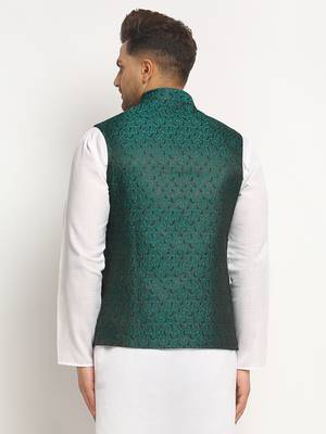 Green Brocade Printed Nehru Jacket 2