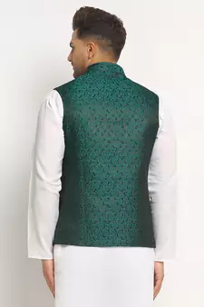 Green Brocade Printed Nehru Jacket
