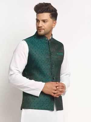 Green Brocade Printed Nehru Jacket 3