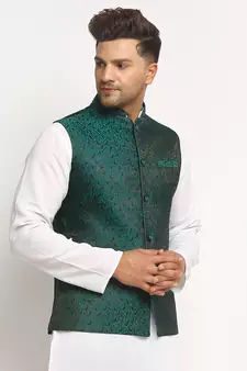 Green Brocade Printed Nehru Jacket