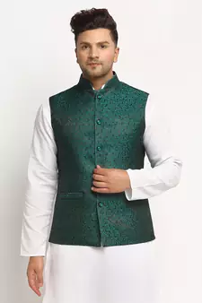 Green Brocade Printed Nehru Jacket