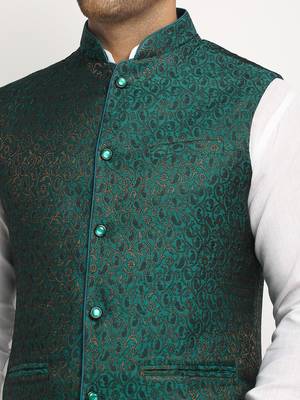 Green Brocade Printed Nehru Jacket 5