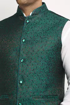Green Brocade Printed Nehru Jacket