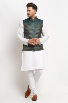 New Designer Men Dark Green Brocade Nehru Jacket With Golden Work By Treemoda