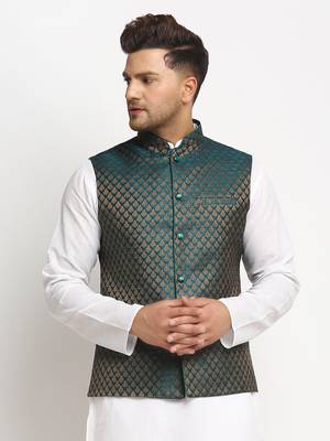 New Designer Men Dark Green Brocade Nehru Jacket With Golden Work 2