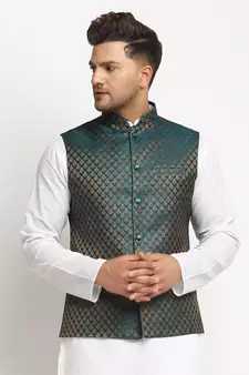 New Designer Men Dark Green Brocade Nehru Jacket With Golden Work