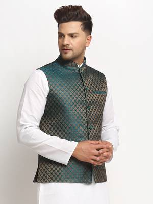 New Designer Men Dark Green Brocade Nehru Jacket With Golden Work 3