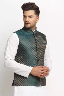 New Designer Men Dark Green Brocade Nehru Jacket With Golden Work
