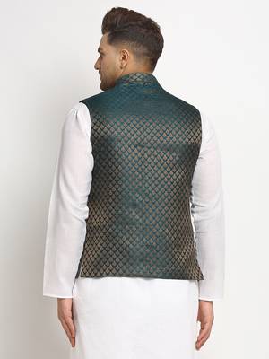 New Designer Men Dark Green Brocade Nehru Jacket With Golden Work 4