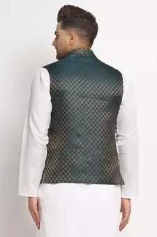 New Designer Men Dark Green Brocade Nehru Jacket With Golden Work