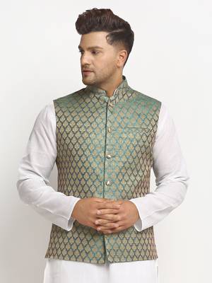 New Designer Men Sapphire Blue Brocade Nehru Jacket With Golden Work By Treemoda 1