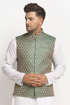 New Designer Men Sapphire Blue Brocade Nehru Jacket With Golden Work By Treemoda