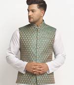 New Designer Men Sapphire Blue Brocade Nehru Jacket With Golden Work By Treemoda
