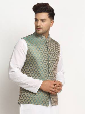 New Designer Men Sapphire Blue Brocade Nehru Jacket With Golden Work By Treemoda 2