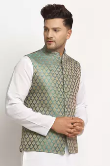 New Designer Men Sapphire Blue Brocade Nehru Jacket With Golden Work By Treemoda