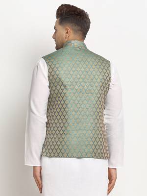 New Designer Men Sapphire Blue Brocade Nehru Jacket With Golden Work By Treemoda 3