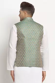 New Designer Men Sapphire Blue Brocade Nehru Jacket With Golden Work By Treemoda