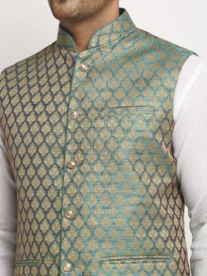New Designer Men Sapphire Blue Brocade Nehru Jacket With Golden Work By Treemoda 4