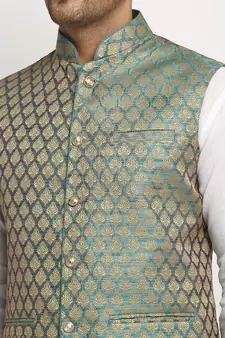 New Designer Men Sapphire Blue Brocade Nehru Jacket With Golden Work By Treemoda