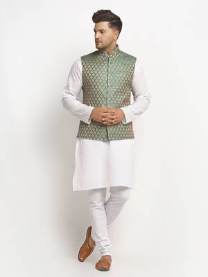 New Designer Men Sapphire Blue Brocade Nehru Jacket With Golden Work By Treemoda 5