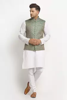 New Designer Men Sapphire Blue Brocade Nehru Jacket With Golden Work By Treemoda