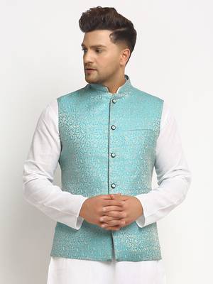 Turquoise Brocade Printed Nehru Jacket for Men 1