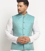 Turquoise Brocade Printed Nehru Jacket for Men