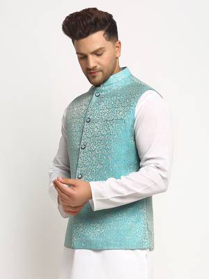 Turquoise Brocade Printed Nehru Jacket for Men 2