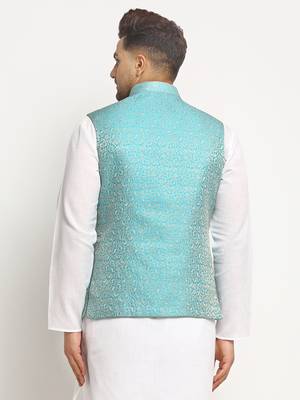 Turquoise Brocade Printed Nehru Jacket for Men 3