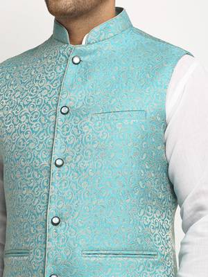 Turquoise Brocade Printed Nehru Jacket for Men 4
