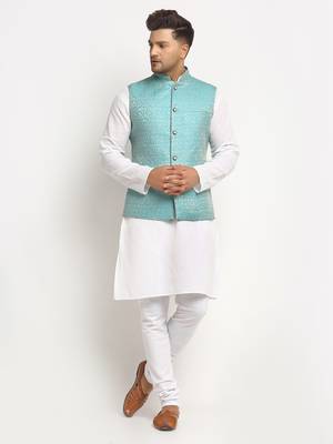 Turquoise Brocade Printed Nehru Jacket for Men 5