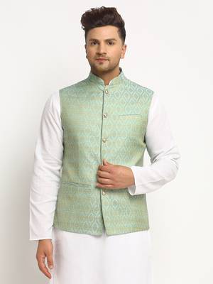 Turquoise Brocade Printed Nehru Jacket for Wedding 2