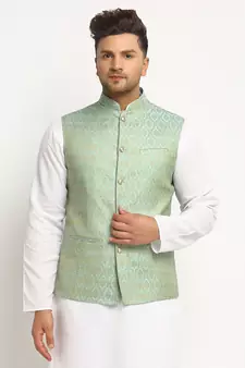 Turquoise Brocade Printed Nehru Jacket for Wedding