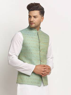 Turquoise Brocade Printed Nehru Jacket for Wedding 3