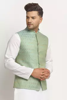 Turquoise Brocade Printed Nehru Jacket for Wedding