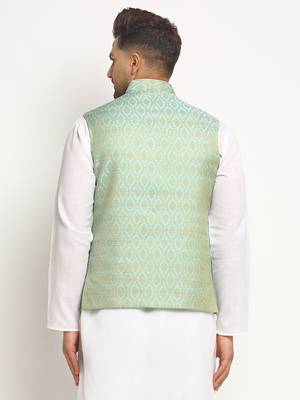 Turquoise Brocade Printed Nehru Jacket for Wedding 4