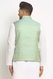 Turquoise Brocade Printed Nehru Jacket for Wedding