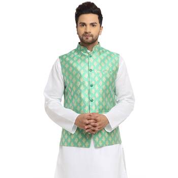 New Designer Men Aqua Green Brocade Nehru Jacket With Golden Work By Treemoda 1