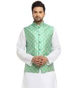 New Designer Men Aqua Green Brocade Nehru Jacket With Golden Work By Treemoda